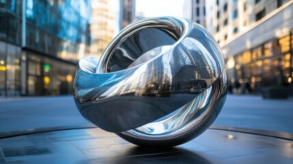 Fototapeta premium Abstract reflective sculpture with city background contemporary art concept