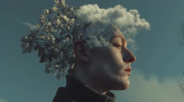 Conceptual profile portrait of a person's head transforming into frost-covered branches and winter clouds, symbolizing human consciousness linked to nature's serene beauty