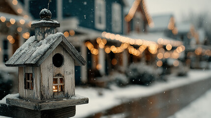 Wooden birdhouse with snow and blurred festive string lights in the background.