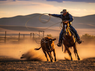cowboy on horseback skillfully lassoing a cow in a dusty ranch setting during sunset hours with mountains