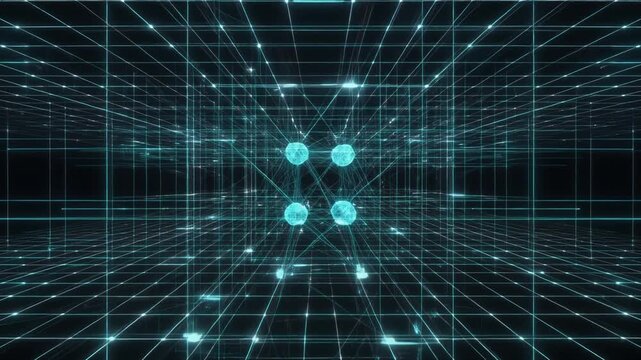 Futuristic NEUROGRID digital network with glowing nodes and interconnected lines, representing advanced technology and intelligent data flow in a complex abstract system