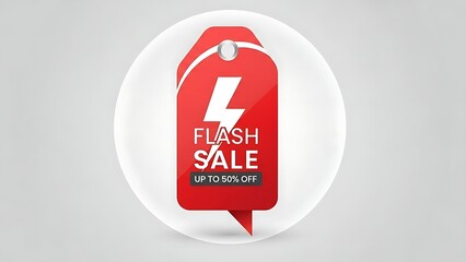 Flash Sale Announcement: A vibrant red tag with a lightning bolt graphic boldly proclaims a flash sale, capturing attention and enticing customers with promises of discounts up to 50% off.