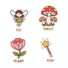 Obraz premium Cute Fairy, Mushroom, Flower, and Wand Sticker Set.