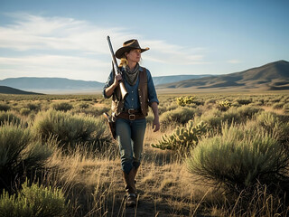a rugged cowboy walks through a desert landscape with a rifle in hand under a vast sky