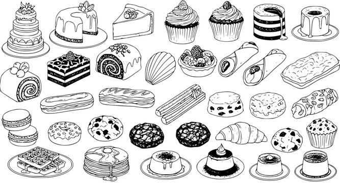 Black and White Line Art Vector Set of Delicious Desserts and Pastries, Sweet Food Collection