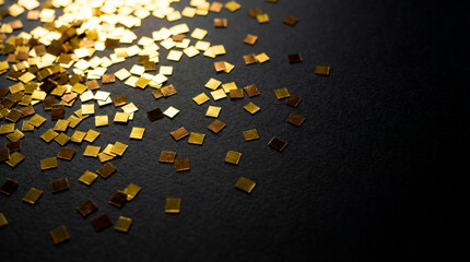 Scattered golden square confetti pieces on a dark textured background, abstract celebration