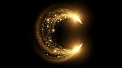 Golden crescent moon shape made of sparkling glitter particles on a dark background