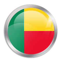 Fototapeta premium Benin flag - glossy circle button in metal frame displays a colorful flag of a country cultural identity and heritage. The essence of national pride and unity.