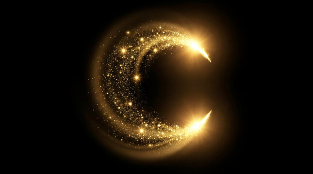 Golden crescent moon shape made of sparkling glitter particles on a dark background