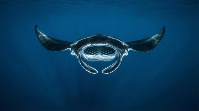 Majestic Manta Ray Filter Feeding Plankton in Deep Blue Pacific Ocean