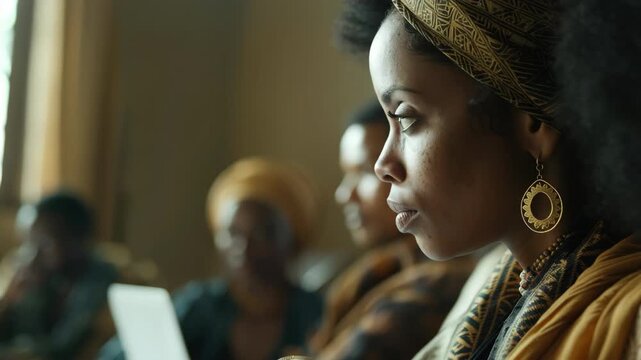 An African woman with curly hair and traditional clothing looks off to the side.