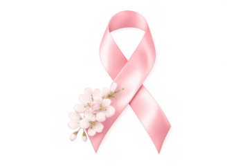 Pink satin ribbon with cherry blossoms promoting breast cancer awareness, support, and hope on transparent background
