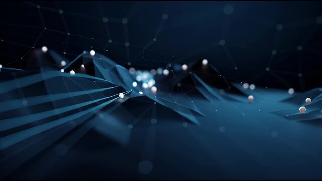 Glowing blue light trails curve through a dark background with bokeh effects.