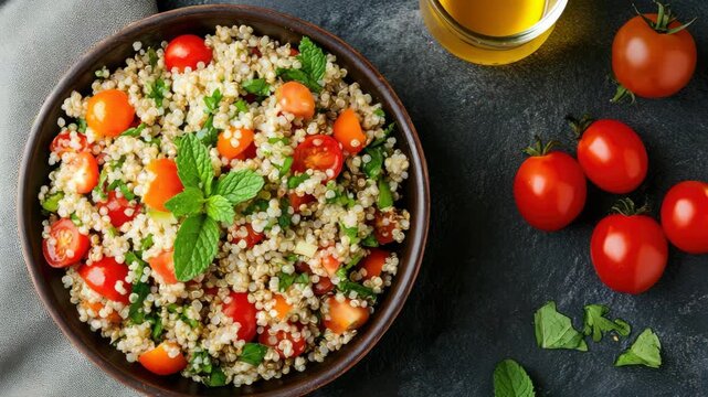 A delicious couscous salad ready to be served, featuring ripe cherry tomatoes and fresh parsley as garnish.