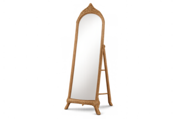 Full-length mirror with ornate wooden frame on easel stand, reflecting light, elegant home decor element on transparent background