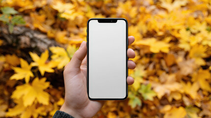 mano de persona joven sosteniendo un tel&eacute;fono movil con la pantalla en blanco para publicidad sobre fondo de bosque oto&ntilde;al con hojas amarillas