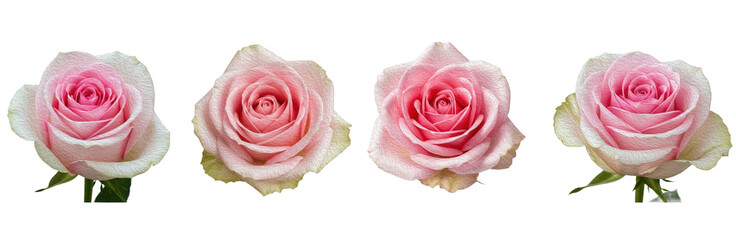 Set of Pink Roses (Rosa) with Detailed Botanical Brush Texture for Romantic and Elegant Design, isolated on transparent png background, oil paint