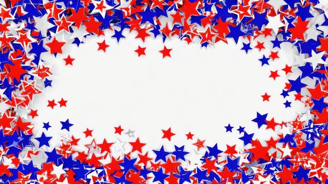 A vibrant and festive American flag confetti pattern with stars in the foreground suitable for party decorations or celebratory graphics.