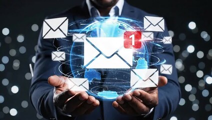 Businessman Holding Digital Globe with Email Icons and Notifications, Global Communication Concept. - Powered by Adobe