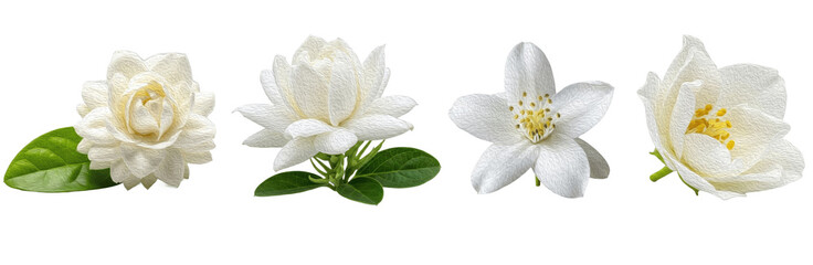 Set of Arabian Jasmine Flowers and Leaves (Jasminum sambac) with Elegant Botanical Brush Texture for Luxury Design and Branding, isolated on transparent png background, oil paint