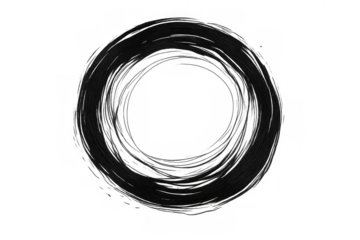 Black hand drawn scribble circle ink frame or abstract round swirl border element on transparent background