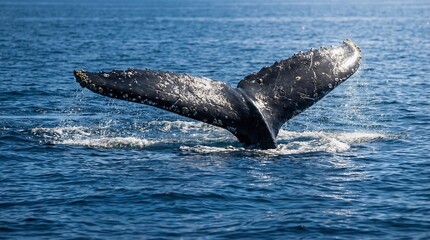 Naklejka premium Humpback Whale Tail Fluke Diving in Blue Ocean Water
