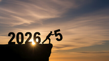 Person Shaping 2026 on Cliff at Sunset, Inspirational Image, Dramatic Landscape