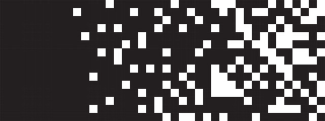 Pixel background with scattered effect. Square dots texture. Chaotic mosaic pattern. Defragmentation, fractured, dissipated or dissolution process. Arcade 8bit game print. Vector graphic illustration