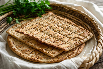 Jewish matzah dinner table for the traditional Passover Pesach holiday in Israel AI Generative