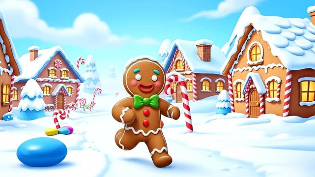 A cheerful gingerbread man in a snowy, colorful candy village.