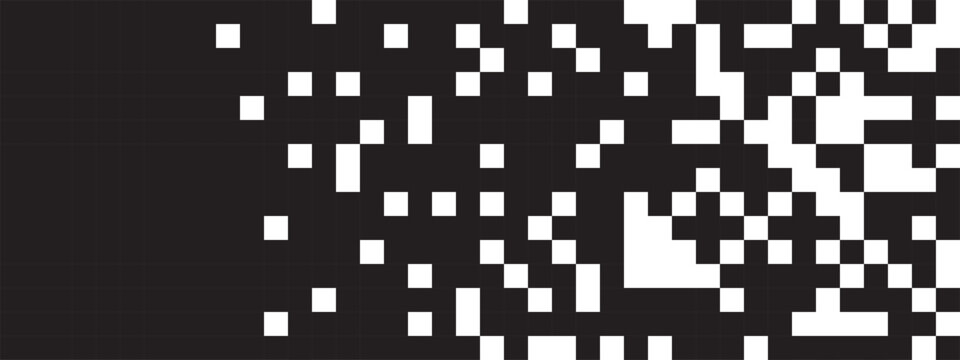 Pixel background with scattered effect. Square dots texture. Chaotic mosaic pattern. Defragmentation, fractured, dissipated or dissolution process. Arcade 8bit game print. Vector graphic illustration