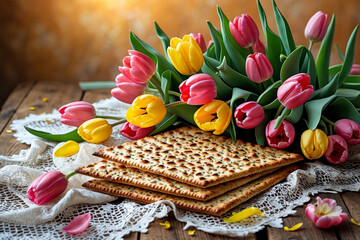 Jewish matzah dinner table for the traditional Passover Pesach holiday in Israel AI Generative