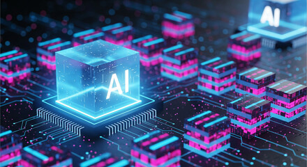 Futuristic AI chip with glowing blue circuits and neon pink data blocks