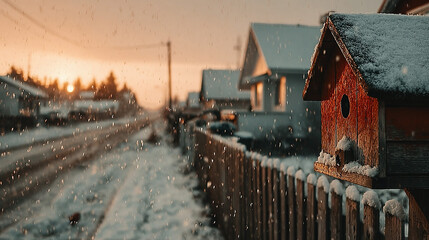 Snow-covered street with houses and a birdhouse during sunset or sunrise.