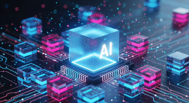 Futuristic AI chip with glowing blue core surrounded by data cubes on a circuit board - Powered by Adobe