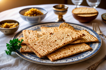 Jewish matzah dinner table for the traditional Passover Pesach holiday in Israel AI Generative