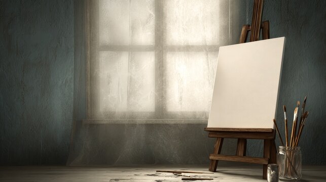 Empty white canvas on a wooden easel stands in an artists studio, illuminated by soft window light, with paint brushes nearby.