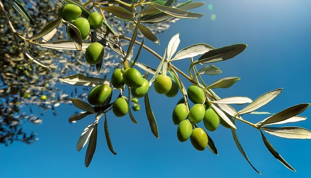 Green Olives Hang From An Olive Tree A Branch With Olives Bears Fruit Blue Sky In The Background - Powered by Adobe
