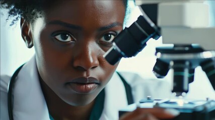 A young woman in a lab coat and gloves focuses intently on a microscope sample. She appears engaged in scientific research or examination of bacteria culture. - Powered by Adobe