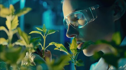 A scientist wearing protective eyewear and a lab coat is closely inspecting a plant under a microscope. The focus is on the meticulous examination of flora for research or identification purposes.