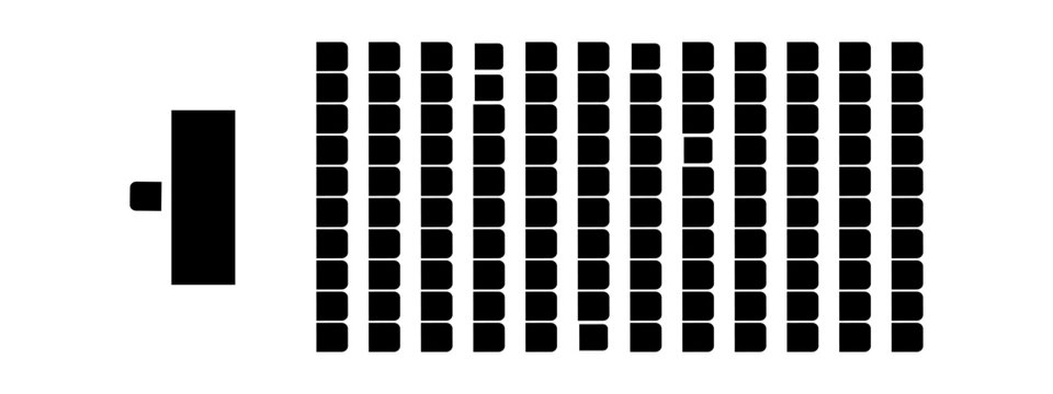 Auditorium seating floorplan top view. Schema of seats in classroom, lectorium, meeting, conference, training, seminar, business event. Desk and chairs silhouettes. Vector graphic illustration