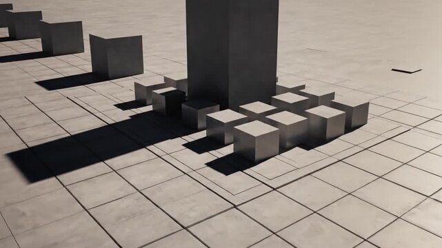 Close-up of gray 3D cubes protruding from a tiled floor with shadows, in a modern architectural setting with a monochromatic color scheme.