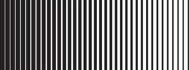 Vertical black parallel straight lines of different thickness isolated on white background. Simple striped graphic print. Shutters texture with fading effect. Vector minimalist illustration