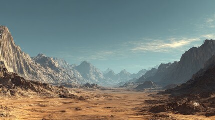 Vast arid desert landscape with dramatic mountain ranges under a clear blue sky, depicting a desolate and rugged environment.