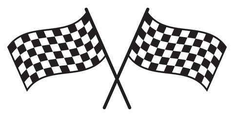 Crossed waving flags for sport car competition. Start or finish symbol. Rally, karting or motocross props. Pennants on sticks with checkered black and white print. Vector graphic illustration