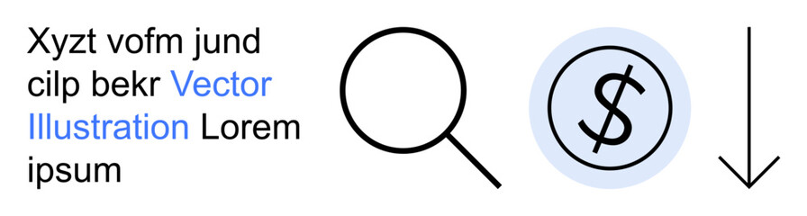 Obraz premium Business analysis, financial planning, navigation tools, economy, search concepts, and symbols in design. Magnifying glass, dollar sign in a circle and downward arrow icons. Business analysis