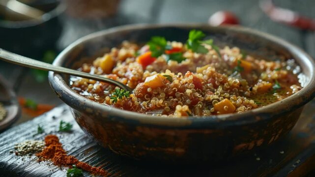 A delicious and healthy homemade vegetable soup topped with fresh herbs, served in a rustic bowl. Perfect for a cozy meal on colder days.