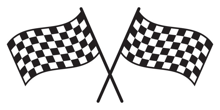 Crossed waving flags for sport car competition. Start or finish symbol. Rally, karting or motocross props. Pennants on sticks with checkered black and white print. Vector graphic illustration