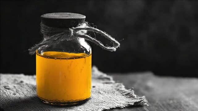 An aged honey jar on a dark surface, with a worn string tied around it.