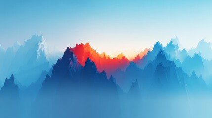 Vibrant abstract mountain landscape illuminated by a dramatic red and orange sunrise glow against a serene blue sky and atmospheric mist.